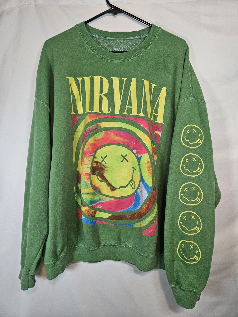 NIRVANA Green Crewneck with Multicolor Tie-Dye Smiley Graphic